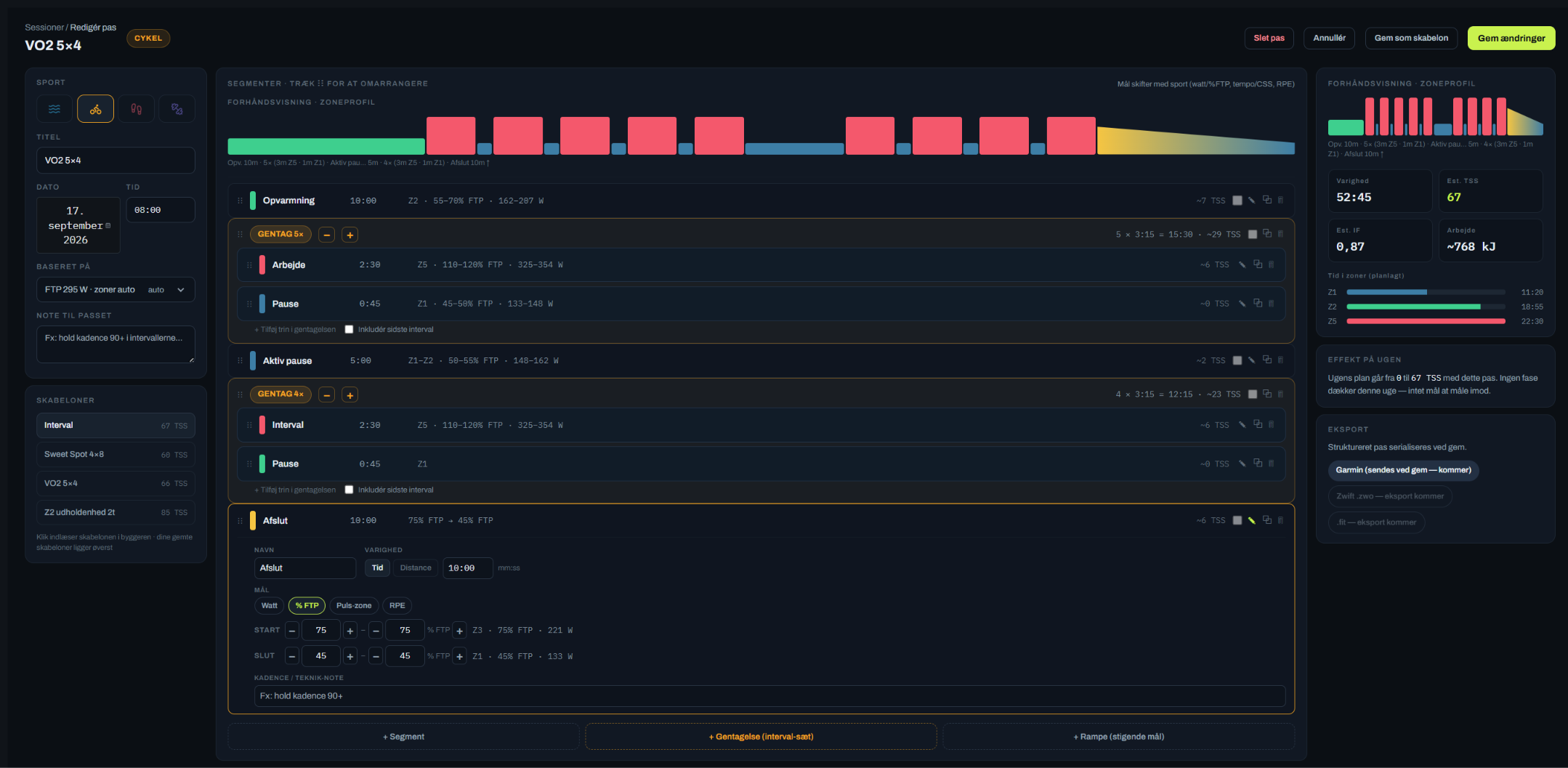 Session editor — VO2 5×4 in %FTP
